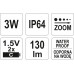 Фонарик светодиодный IP64 228х47мм (3W, 130lm, 1.5V, 2xC, zoom) YATO (Польша) код YT-08577